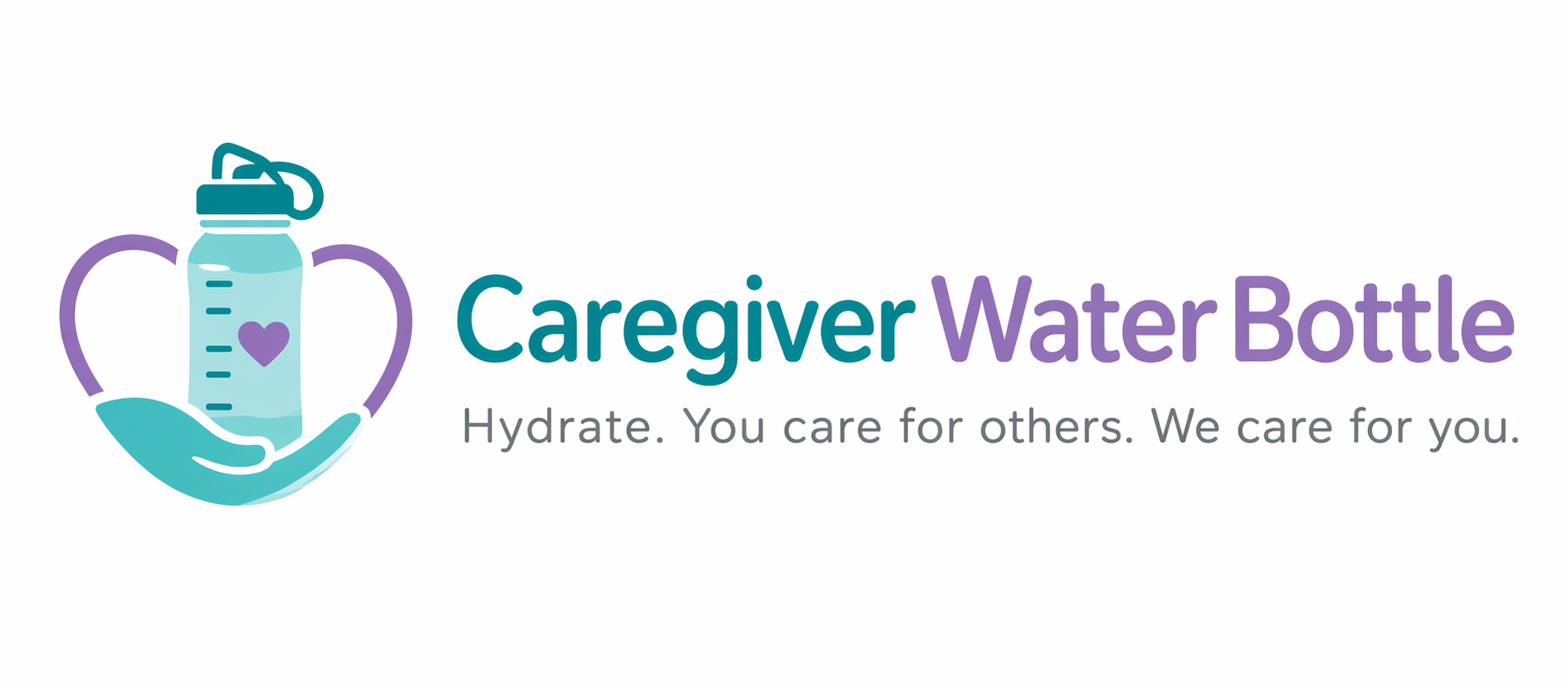 CaregiverWaterBottle.com logo — a teal water bottle held in a caring hand with a lavender heart